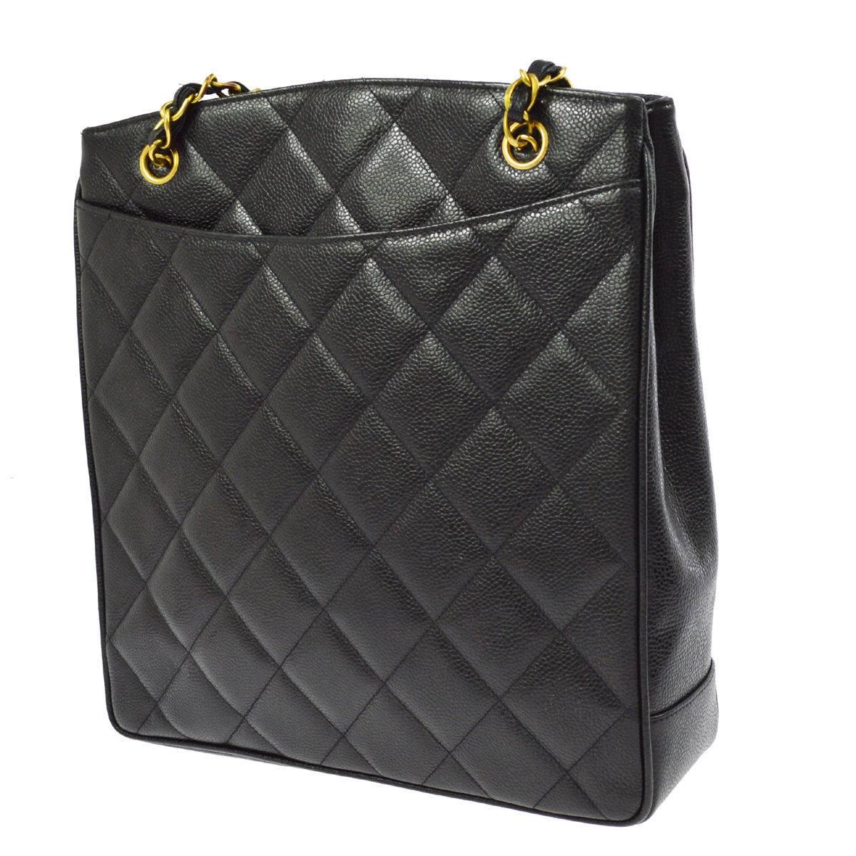 Women's Chanel Black Caviar Leather Quilted Gold Shopper Carryall Tote Shoulder Bag
