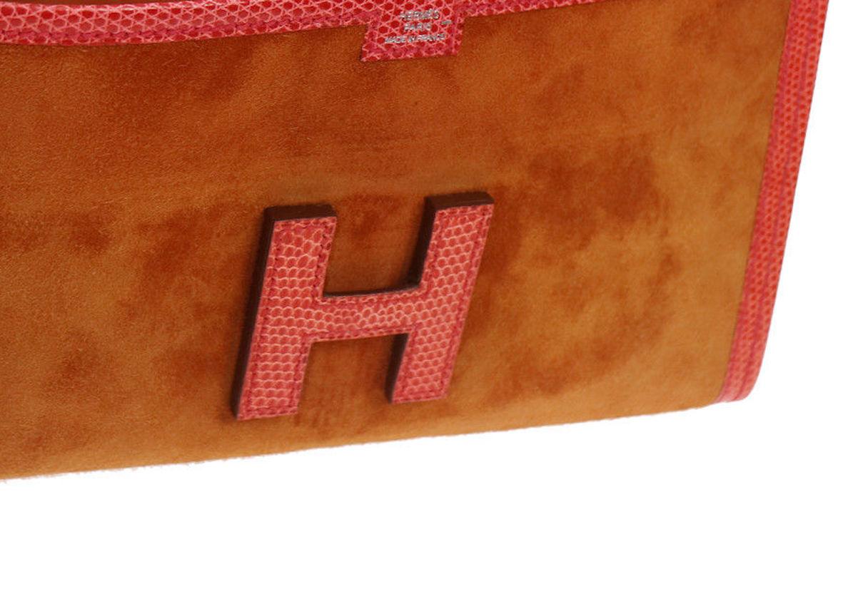 Women's Hermes Rare Cognac Brown Suede Lizard Trim 'H' Logo Evening Clutch Bag In Box