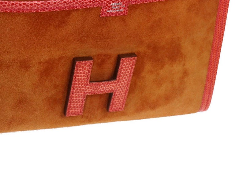 Hermes Rare Cognac Brown Suede Lizard Trim 'H' Logo Evening Clutch Bag