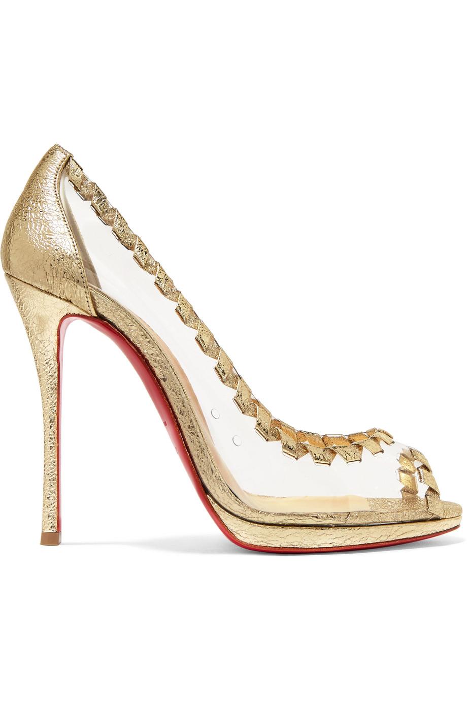 Beige Christian Louboutin NEW Gold Leather Clear PVC Sandals Pumps Heels in Box