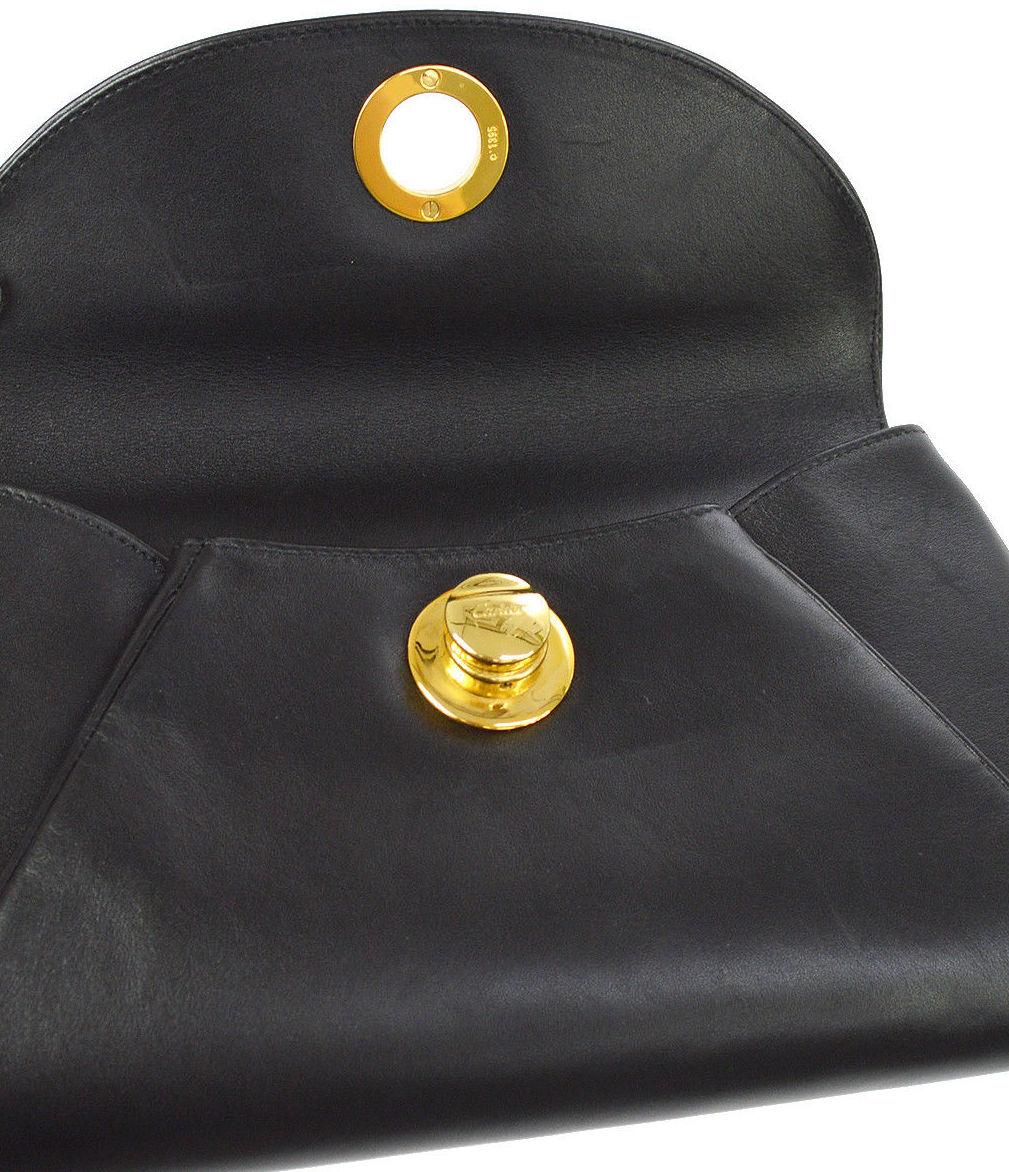 Cartier Black Leather Gold Emblem Envelope Evening Flap Clutch Bag In Excellent Condition In Chicago, IL