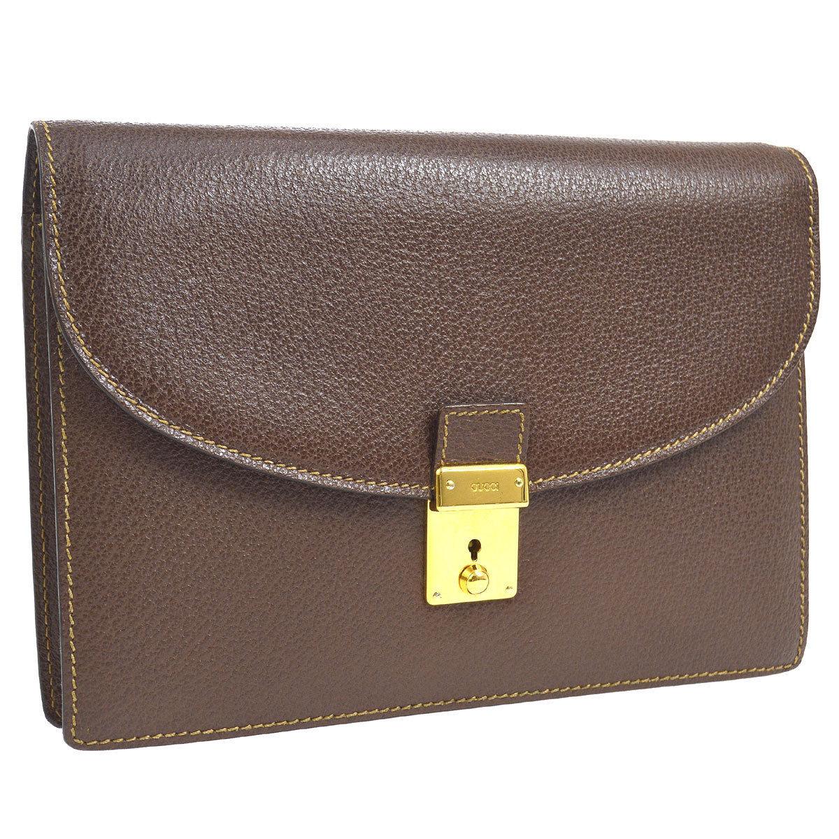 Gucci Chocolate Brown Leather Envelope Flip Lock Evening Clutch Flap Bag