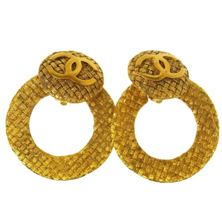 CHANEL CC Gold Metal Tone Large Circle Hoop Evening Earrings