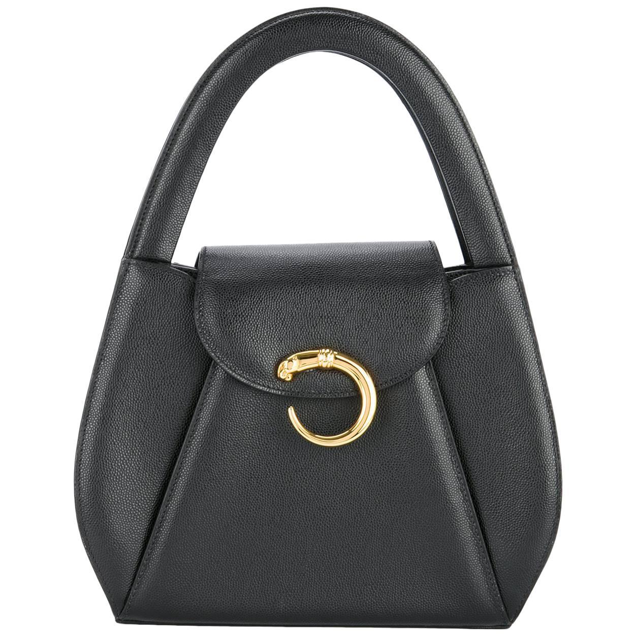 Cartier Black Leather Gold Emblem Top Handle Kelly Style Satchel Evening Bag