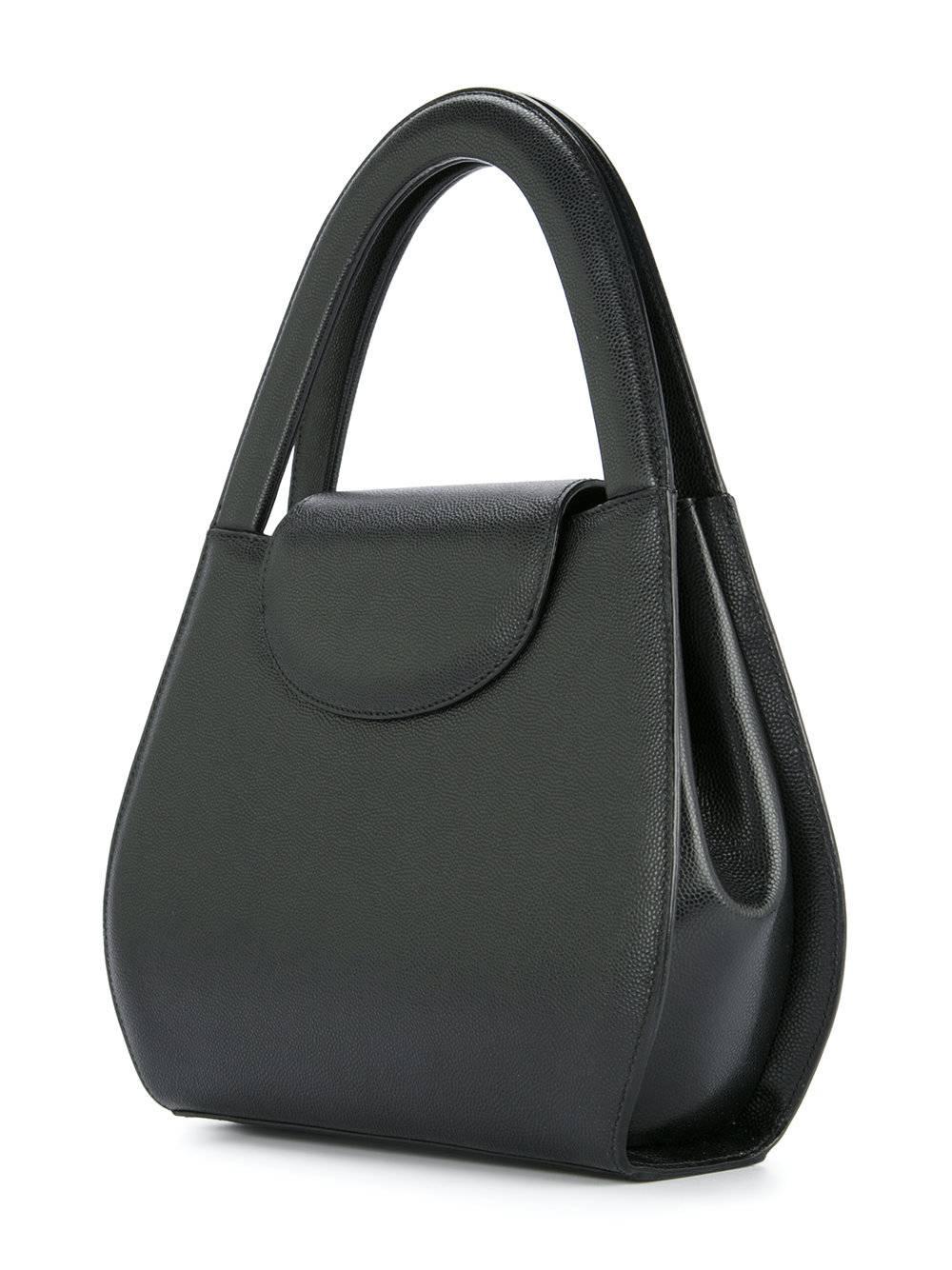 Women's Cartier Black Leather Gold Emblem Top Handle Kelly Style Satchel Evening Bag