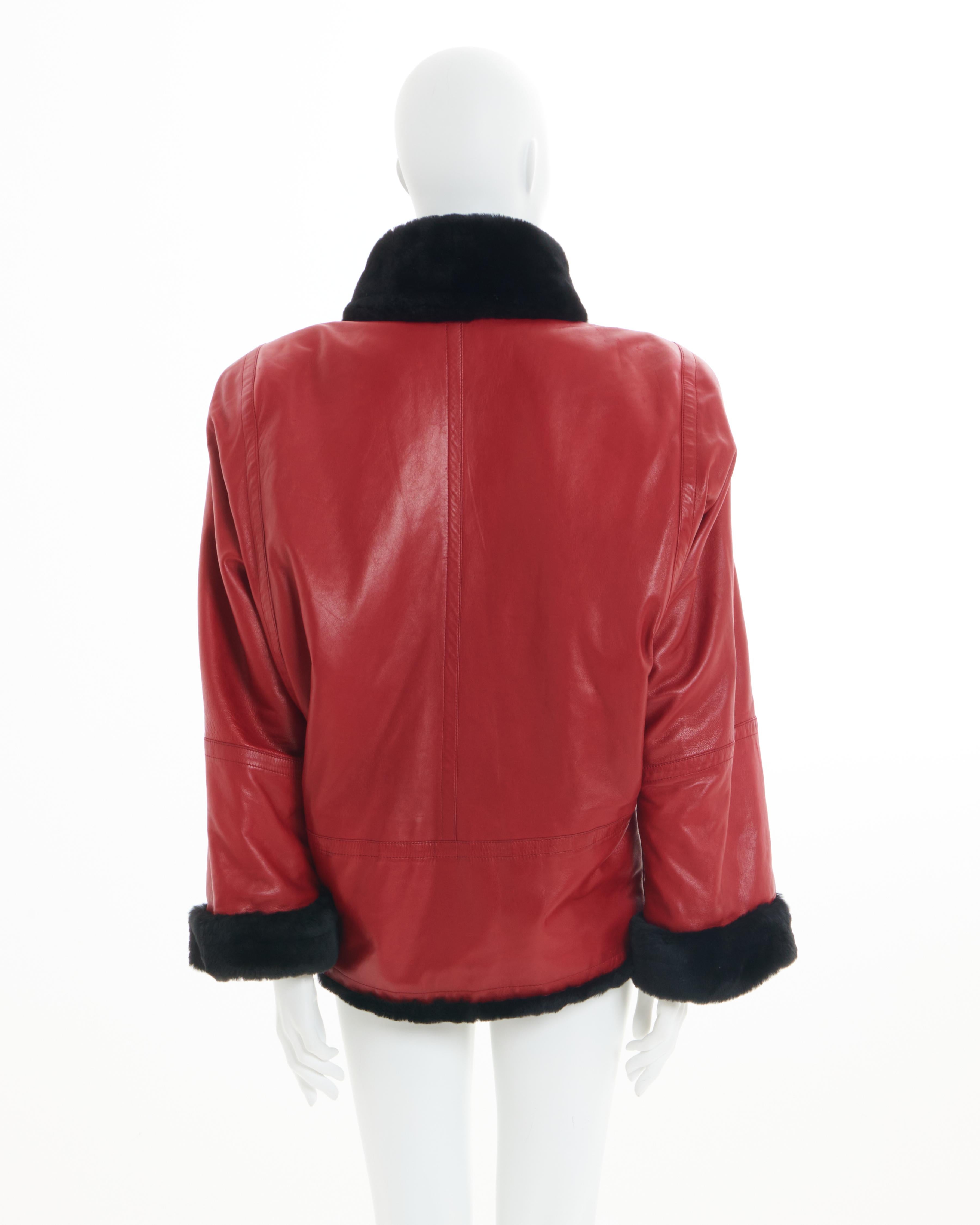Brown Yves Saint Laurent Fourrures 80s Red leather and black lambskin jacket en vente