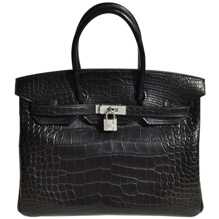 35cm Hermès Matte Black Alligator Birkin Handbag with Diamonds at 1stDibs