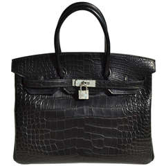 35cm Hermès Matte Black Alligator Birkin Handbag with Diamonds