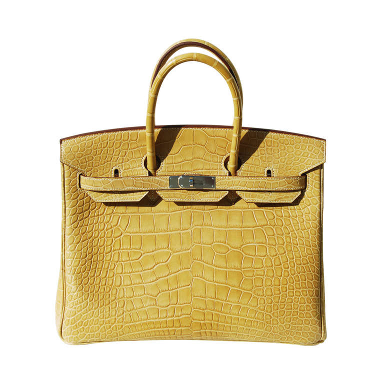 35cm Hermès Matte Paille Alligator Birkin Handbag with Palladium Hardware For Sale
