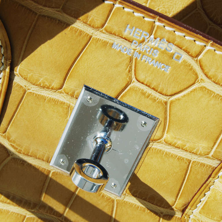 Women's or Men's 35cm Hermès Matte Paille Alligator Birkin Handbag with Palladium Hardware For Sale