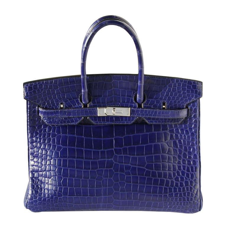 35cm Hermes Semi-Matte Blue Sapphire Porosus Crocodile Birkin Handbag For Sale