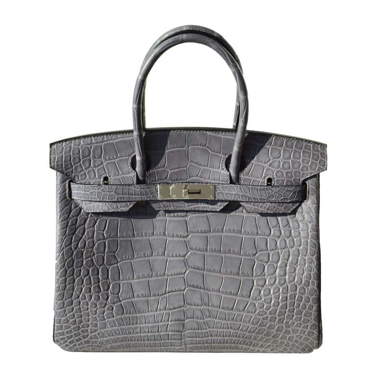 30cm Hermes Matte Paris Grey Alligator Birkin Handbag For Sale