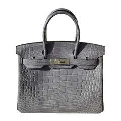 30cm Hermes Matte Paris Grey Alligator Birkin Handbag