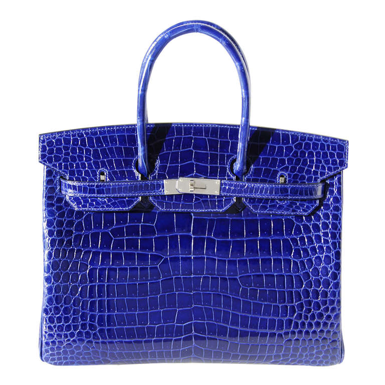 35cm Hermes Shiny Bleu Electrique Porosus Crocodile Birkin Handbag For Sale