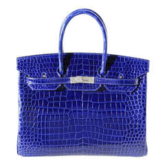 35cm Hermes Shiny Bleu Electrique Porosus Crocodile Birkin Handbag