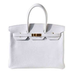 35cm Hermès White Taurillon Clemence Leather Birkin Handbag with Gold Hardware