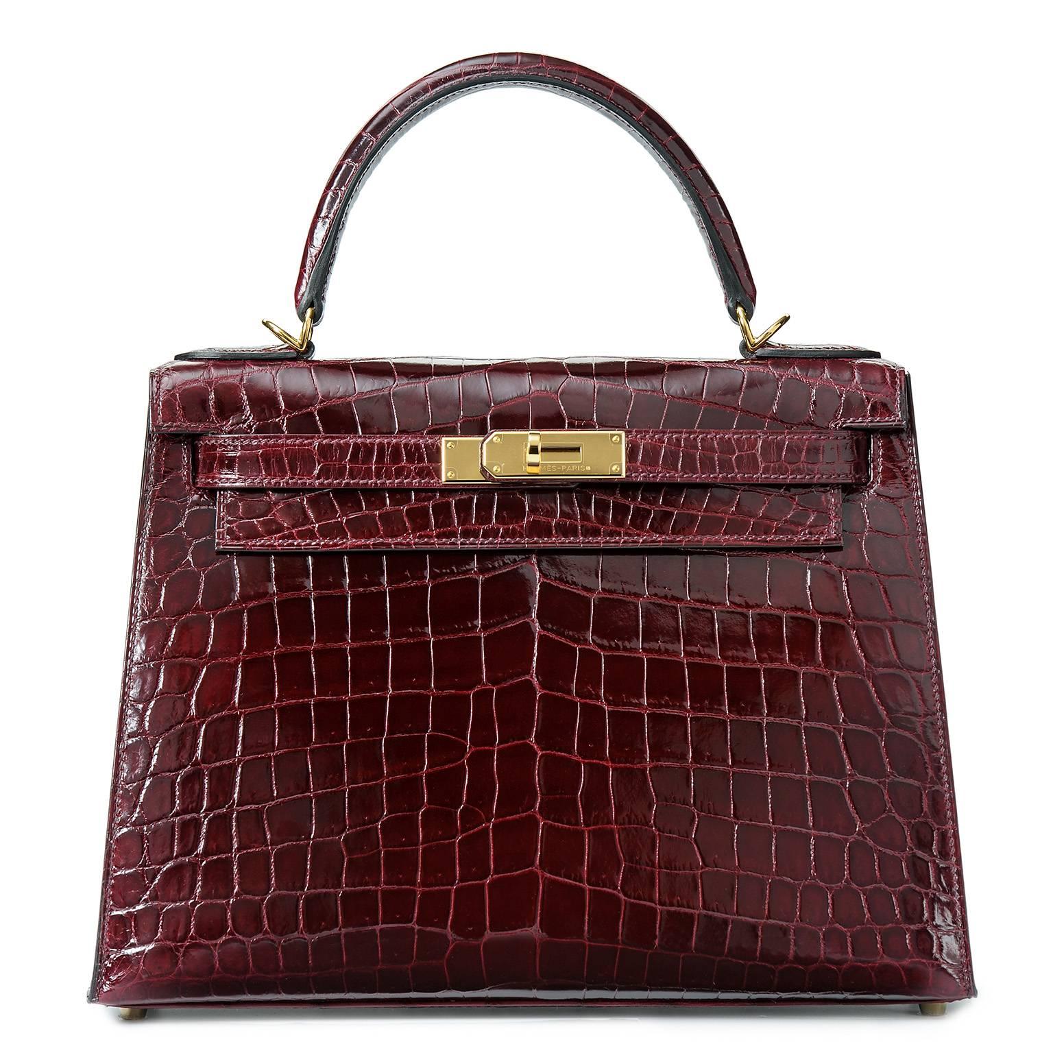 N E W Bordeaux Kelly 28 Croc with G H W In New Condition In London, GB