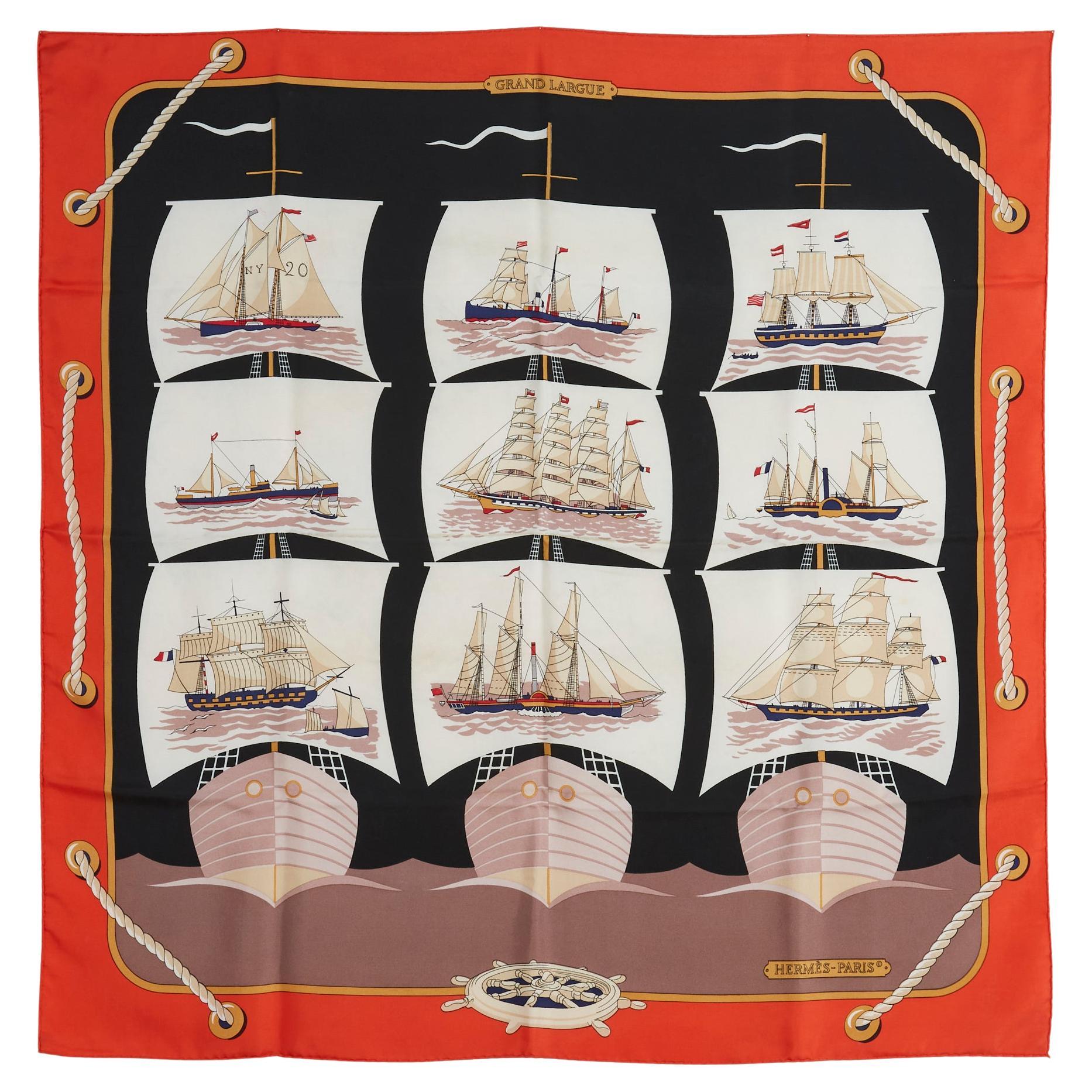 Hermès 1980 Scarf Carre 90 Grand Largue Coral black