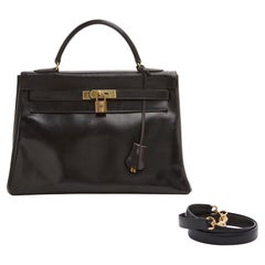 Hermès Sac Main 1965s Black Leather Kelly 32 Hand Bag with Strap Hermes