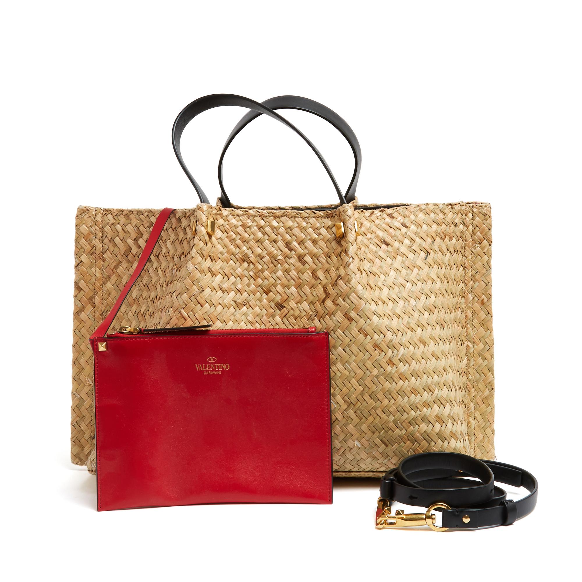 Valentino Sac Cabas Escape VLogo Natural Straw Black Leather Bag Tote with Strap in vendita 2