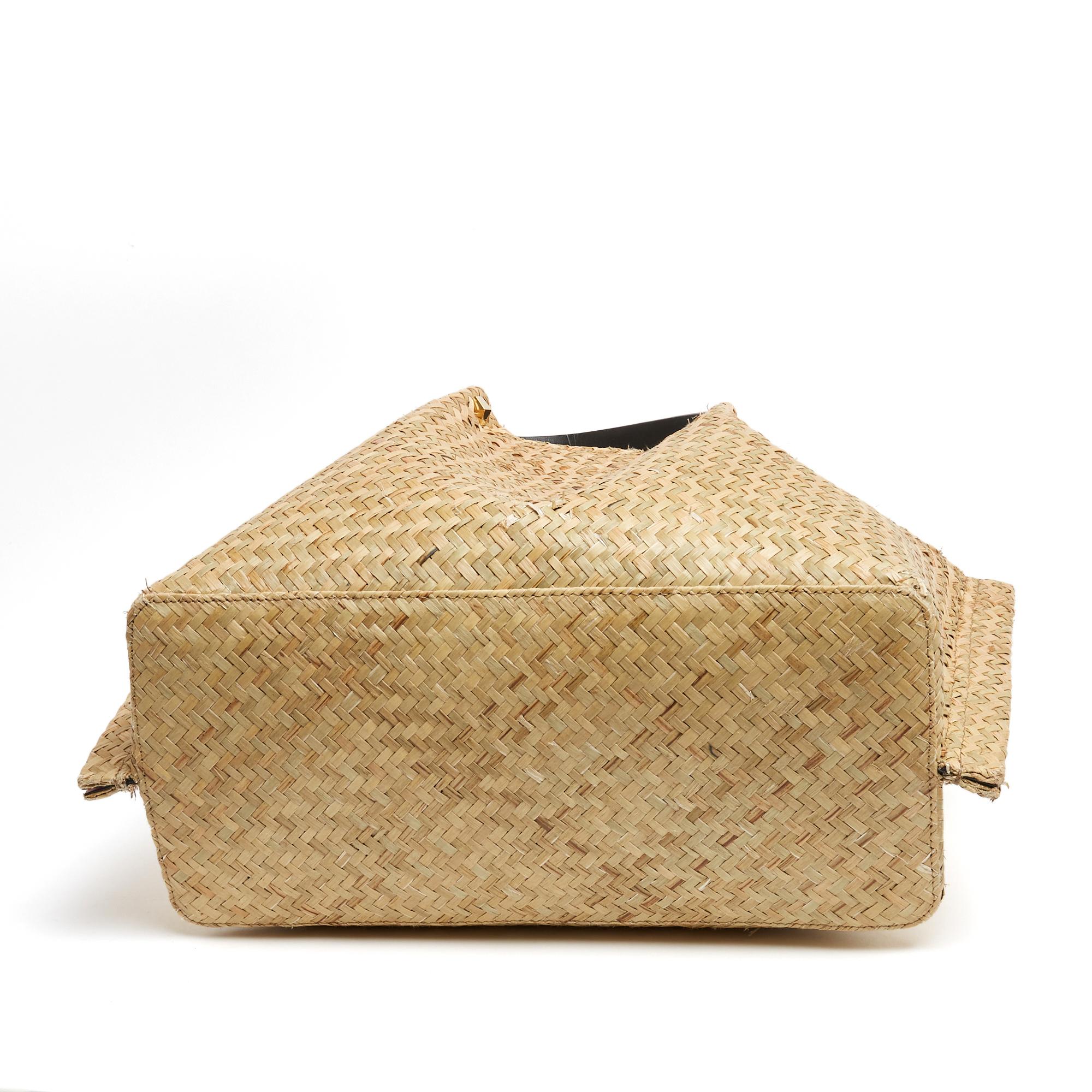da uomo o donna Valentino Sac Cabas Escape VLogo Natural Straw Black Leather Bag Tote with Strap in vendita