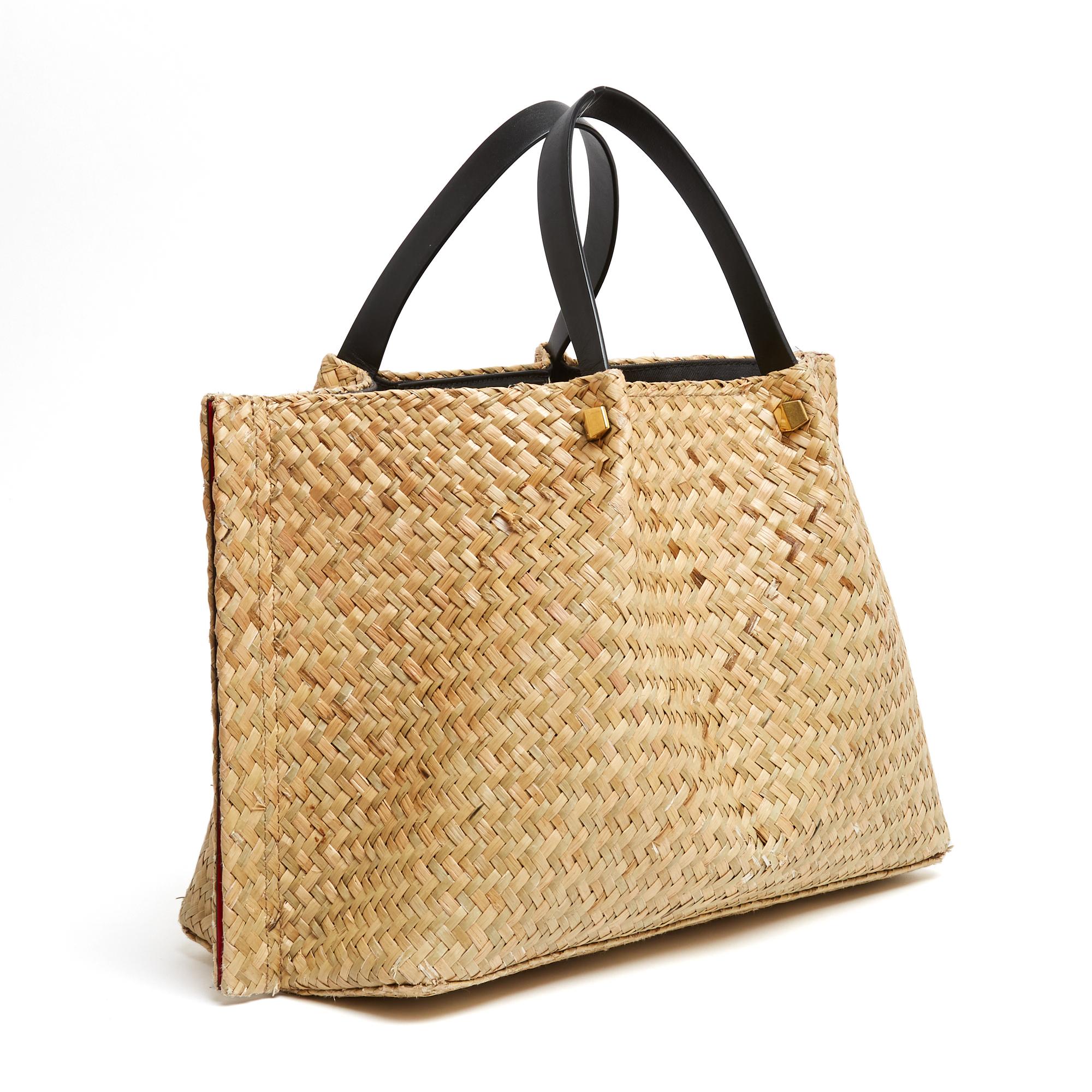 Beige Valentino Sac Cabas Escape VLogo Natural Straw Black Leather Bag Tote with Strap in vendita