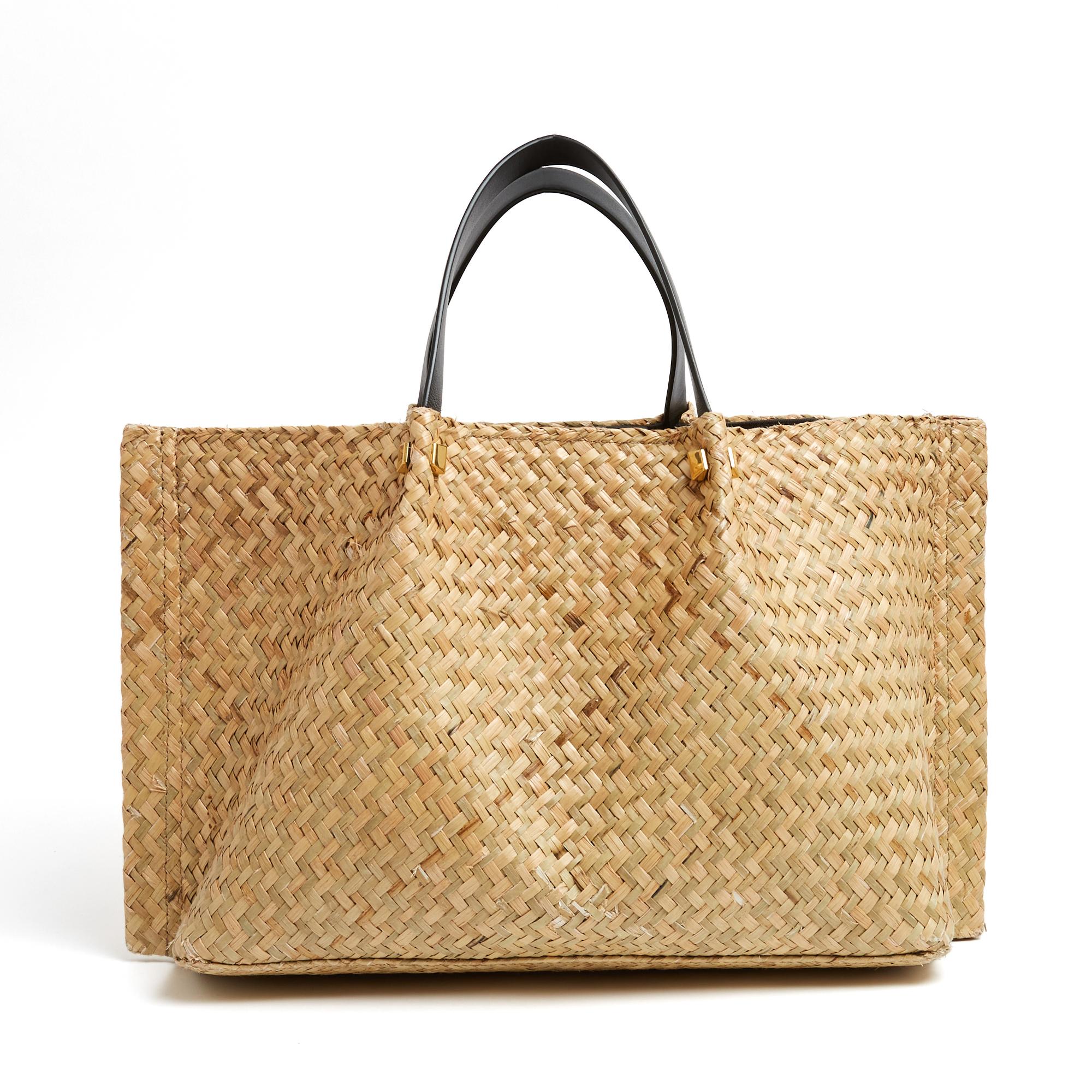 Valentino Sac Cabas Escape VLogo Natural Straw Black Leather Bag Tote with Strap In condizioni buone in vendita a PARIS, FR