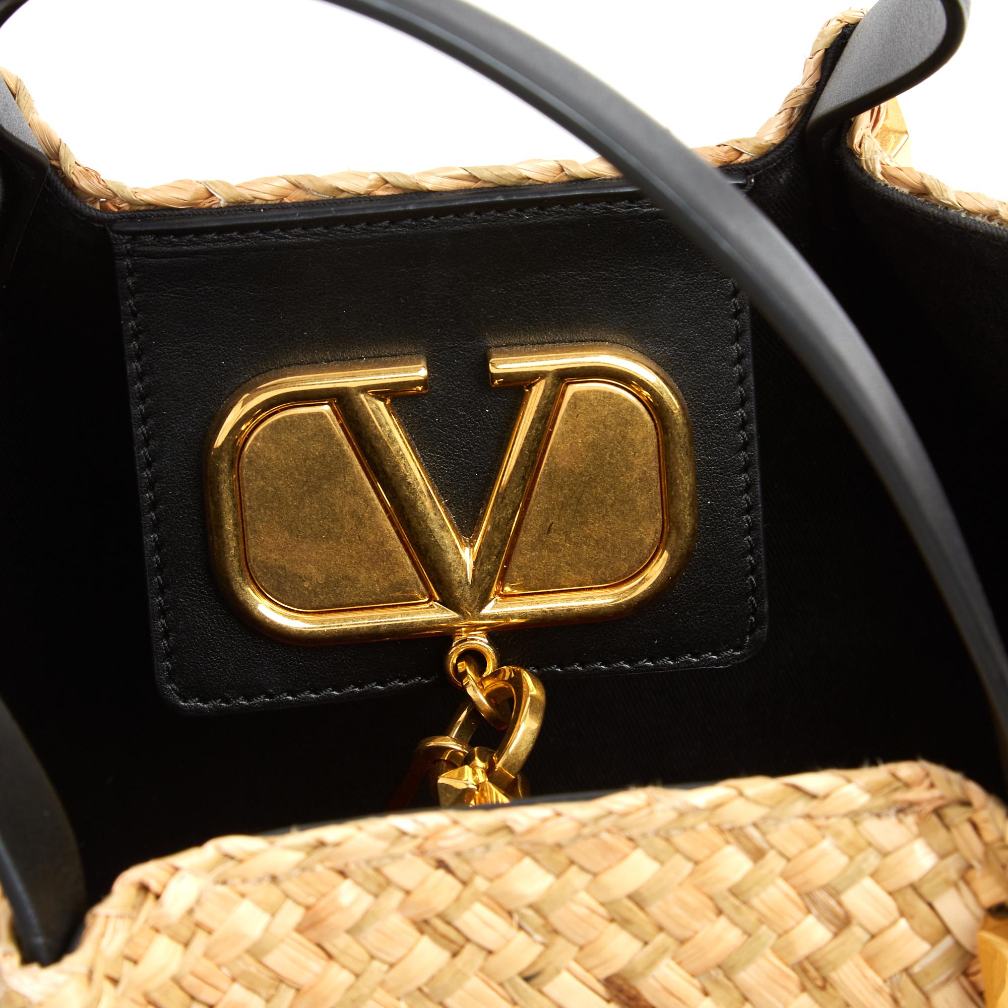 Valentino Sac Cabas Escape VLogo Natural Straw Black Leather Bag Tote with Strap in vendita 1