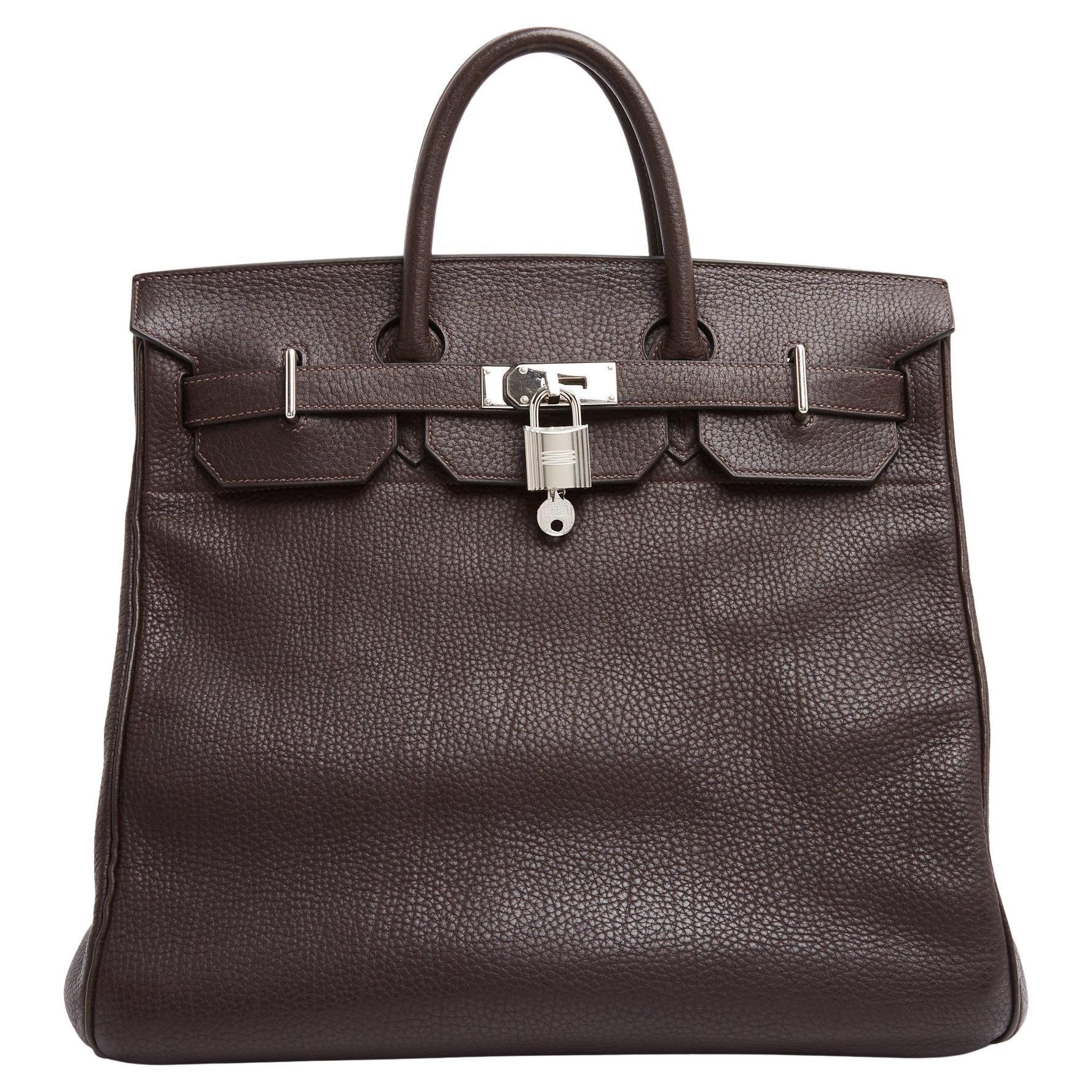 Hermès 2008 Sac Haut a courroies 40 Silver HDW Dark Brown Leather HAC Bag Hermes en vente
