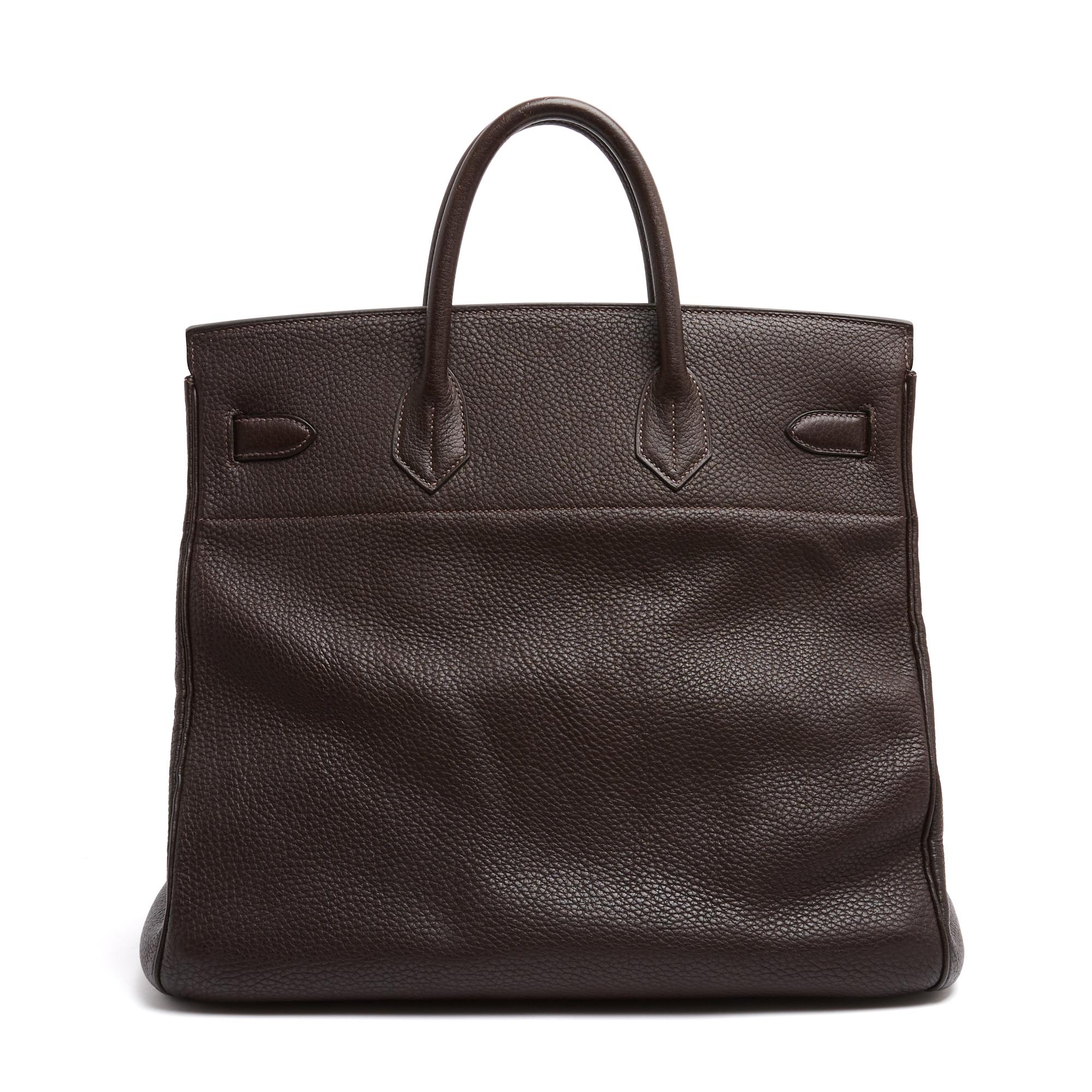Noir Hermès 2008 Sac Haut a courroies 40 Silver HDW Dark Brown Leather HAC Bag Hermes en vente