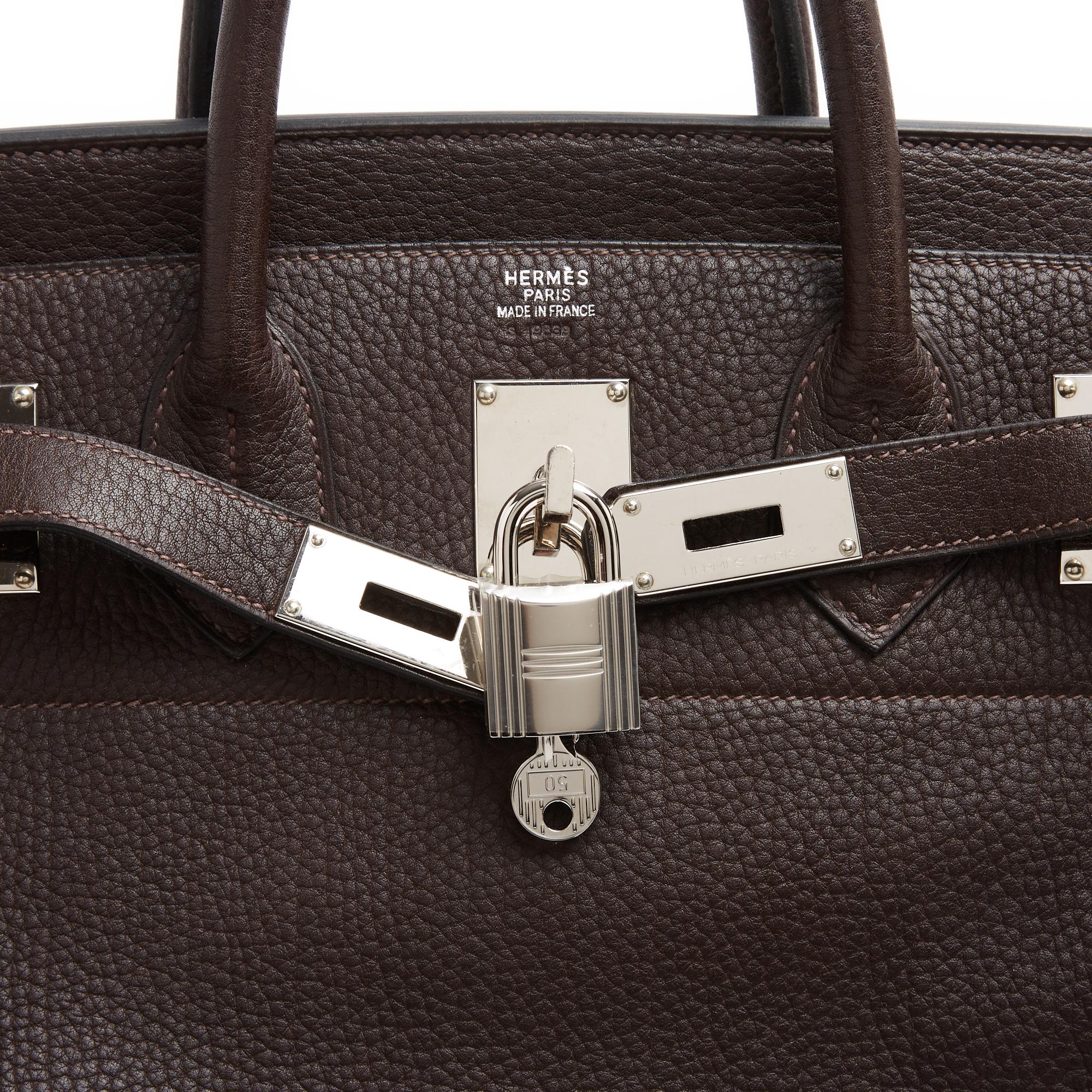 Hermès 2008 Sac Haut a courroies 40 Silver HDW Dark Brown Leather HAC Bag Hermes en vente 1