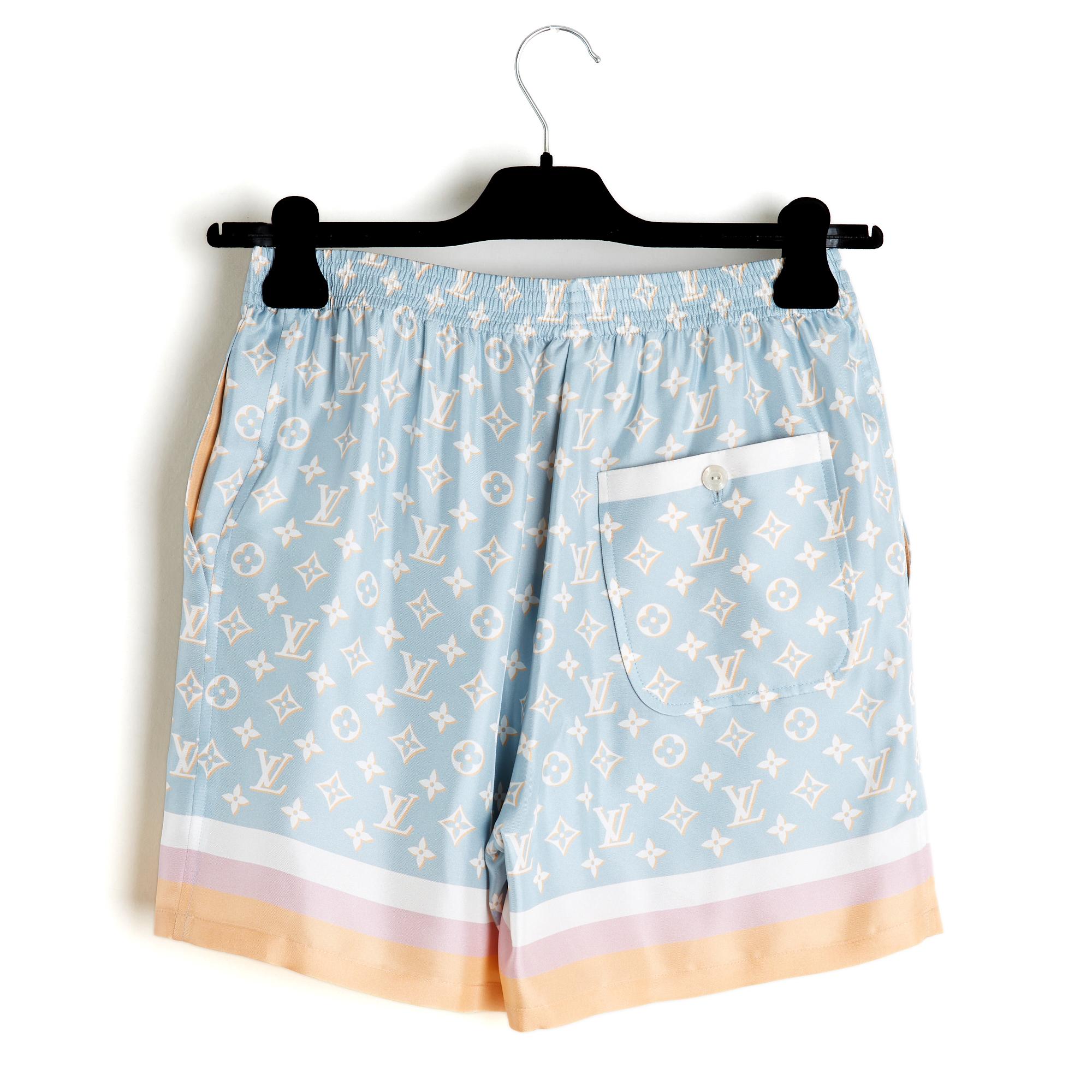 Femenino o masculino Louis Vuitton Short Soie FR36 Pantalones cortos de pijama de seda con monograma azul claro US27 Talla S en venta