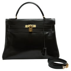 Hermès 1960s Sac Kelly 32 Bandouliere Black Box Leather Hand Bag strap Hermes
