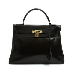 Hermès 1960s Sac Kelly 32 Bandouliere Black Box Leather Hand Bag strap Hermes