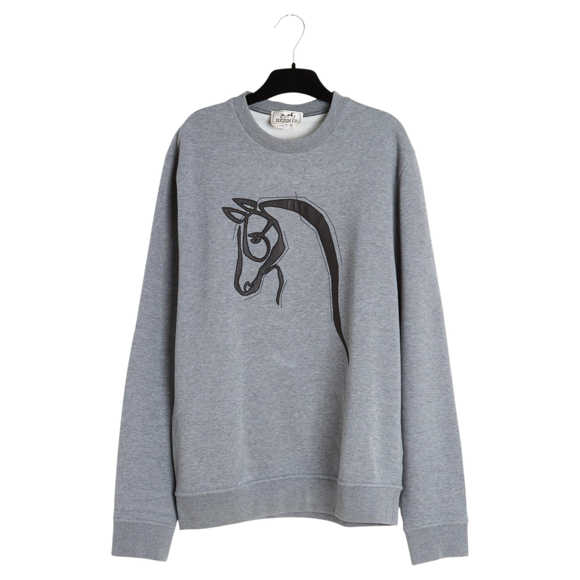 Hermès 2021 Sweat Shirt FR38 Grey Cotton Black Leather Sweater Size M Hermes