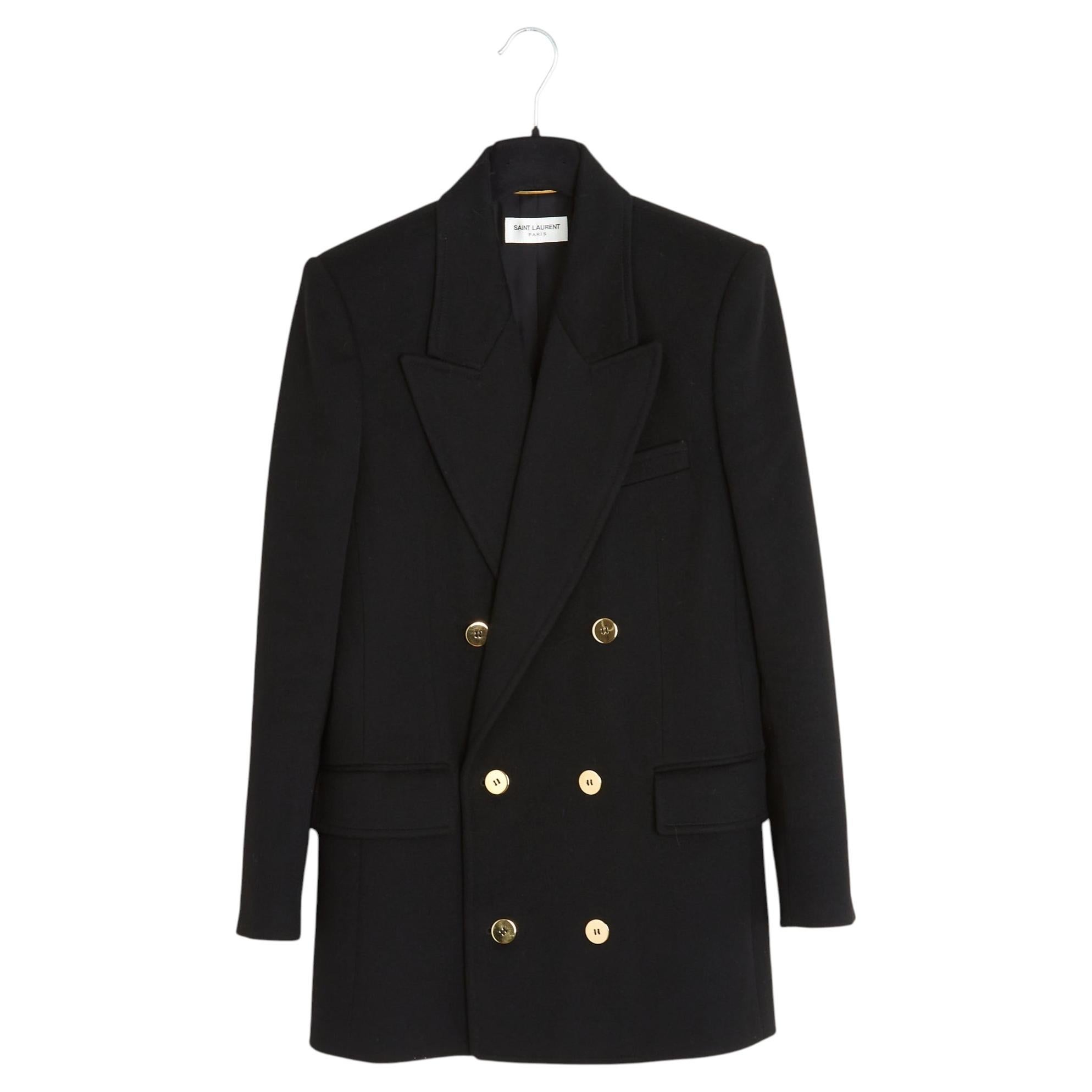 Pre-owned Anthony Vaccarello Saint Laurent 2020 Veste Fr40 Black Wool Double Breasted Blazer Jacket Uk12 Us8