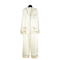 Olivia Von Halle Pyjama Soie FR42 Ecru Blue Silk Satin Night Ensemble UK14 US10
