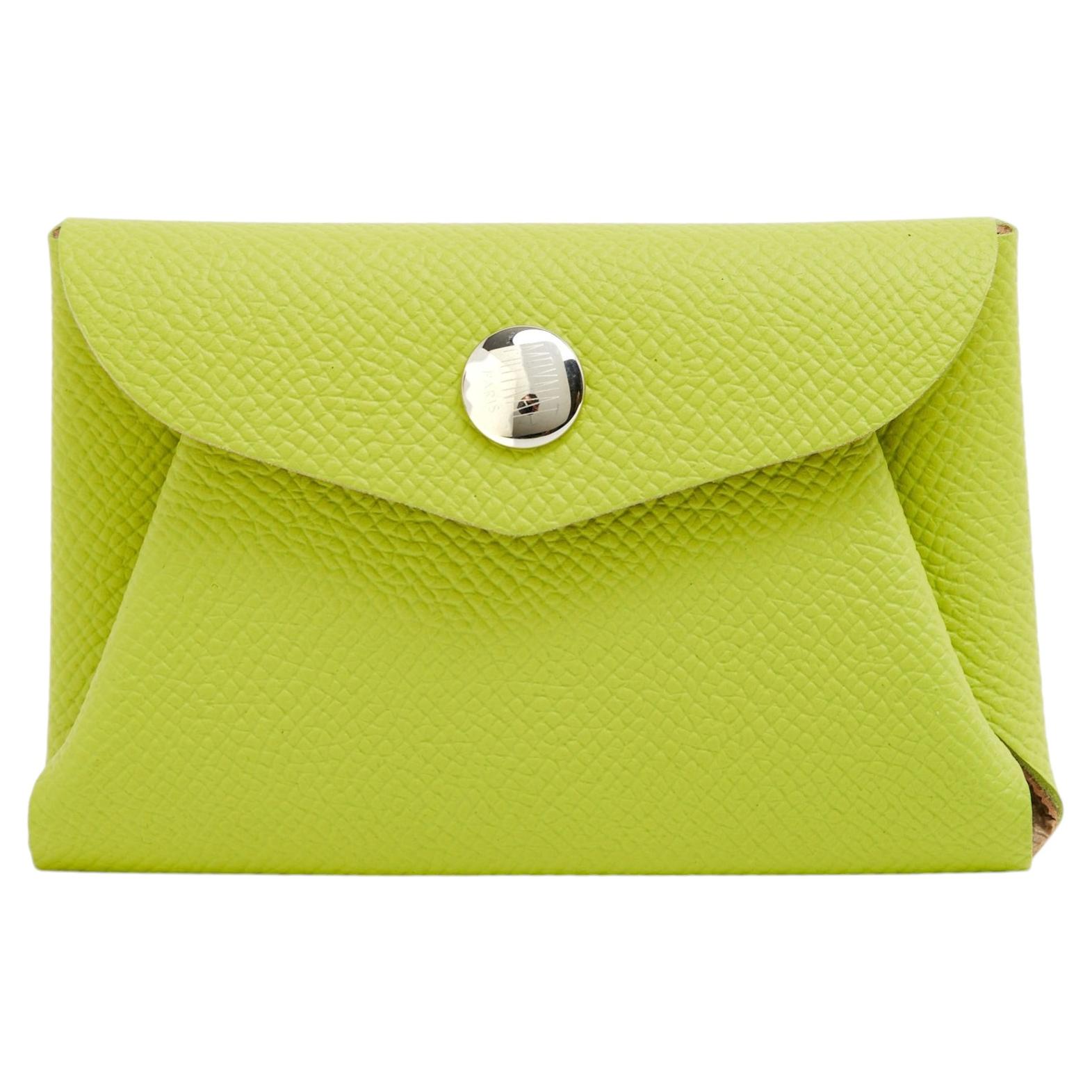 Pre-owned Moynat Paris Porte Cartes Ou Monnaie Vert Lime Leather Card Holder Or Purse New In Yellow
