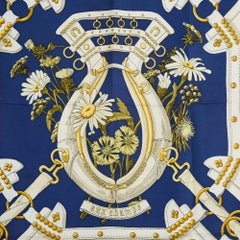 Hermès 1990 Foulard Carré 90 en soie « Aux Champs » bleu marine, foulard carré en twill de soie Hermès