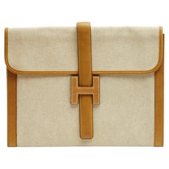 Hermès Sac Pochette Jige GM 1979 Gold Leather Canvas Maxi Hand Bag Clutch Hermes