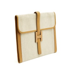 Hermès Sac Pochette Jige GM 1979 Gold Leather Canvas Maxi Hand Bag Clutch Hermes