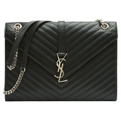 Saint Laurent Sac College Große schwarze Schultertasche aus gestepptem Leder YSL Cassandre
