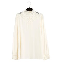 Celine 2020 Top Soie Dentelle FR40 Slimane Ecru Silk Embroidery UK12 US8 Céline