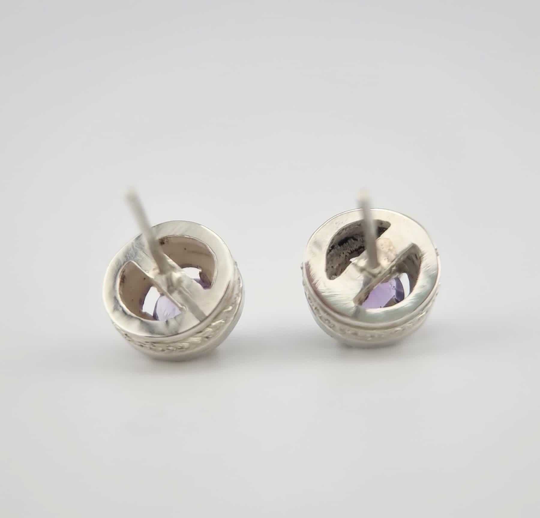 Artisan Sterling Silver Amethyst Stud Earrings with Beaded Halo For Sale