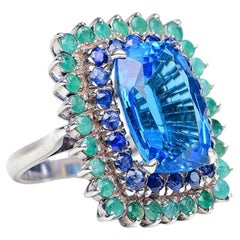 Antique Certified Blue Topaz Natural Emerald & Sapphire Cocktail Ring