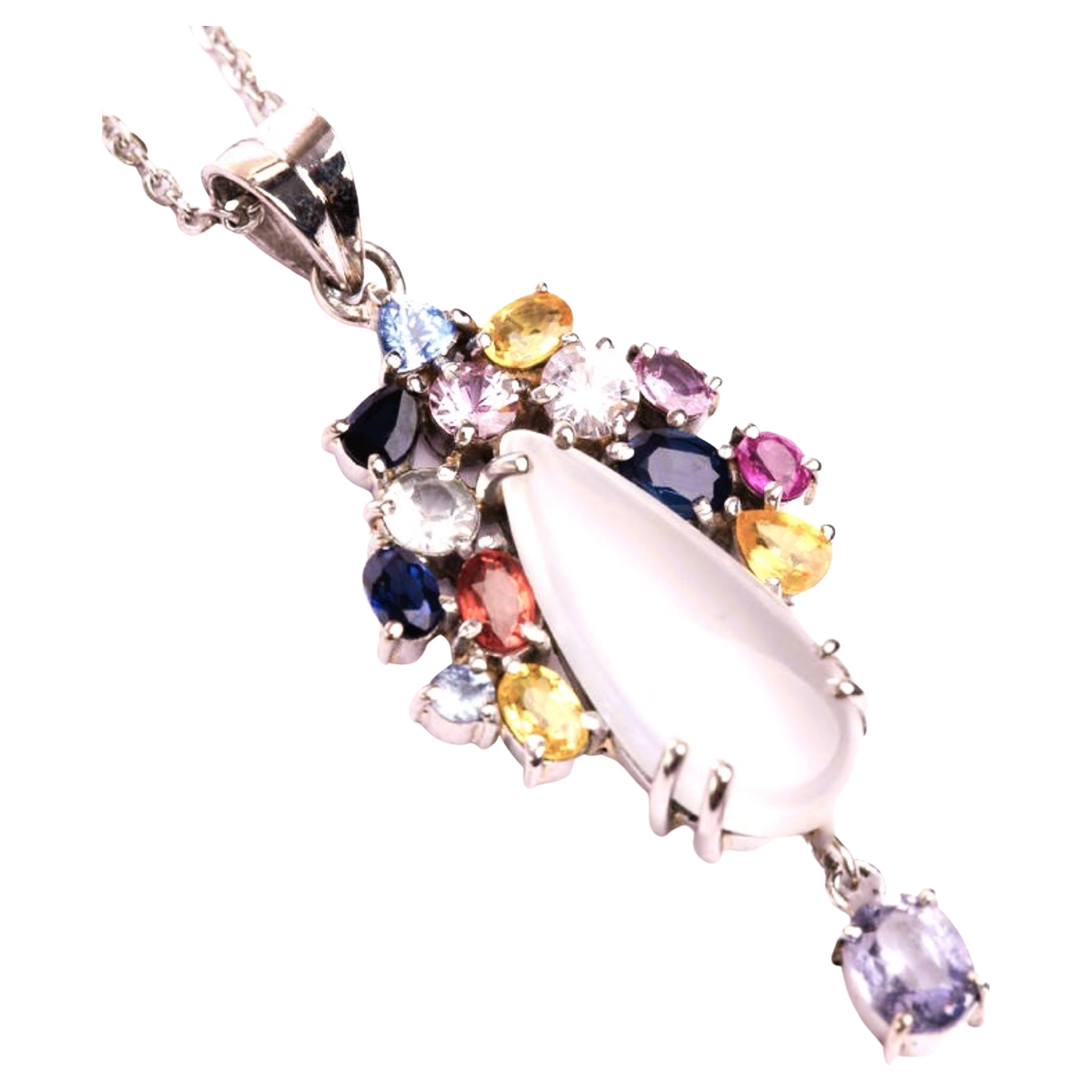 3ct Moonstone with Multi-color Sapphire and Tanzanite Floral Forage Pendant  For Sale 1