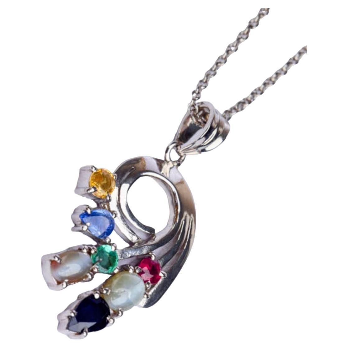 Mixed Cut  Natural Sapphire Ruby Emerald Catseyes Multigem Necklace Pendant  For Sale