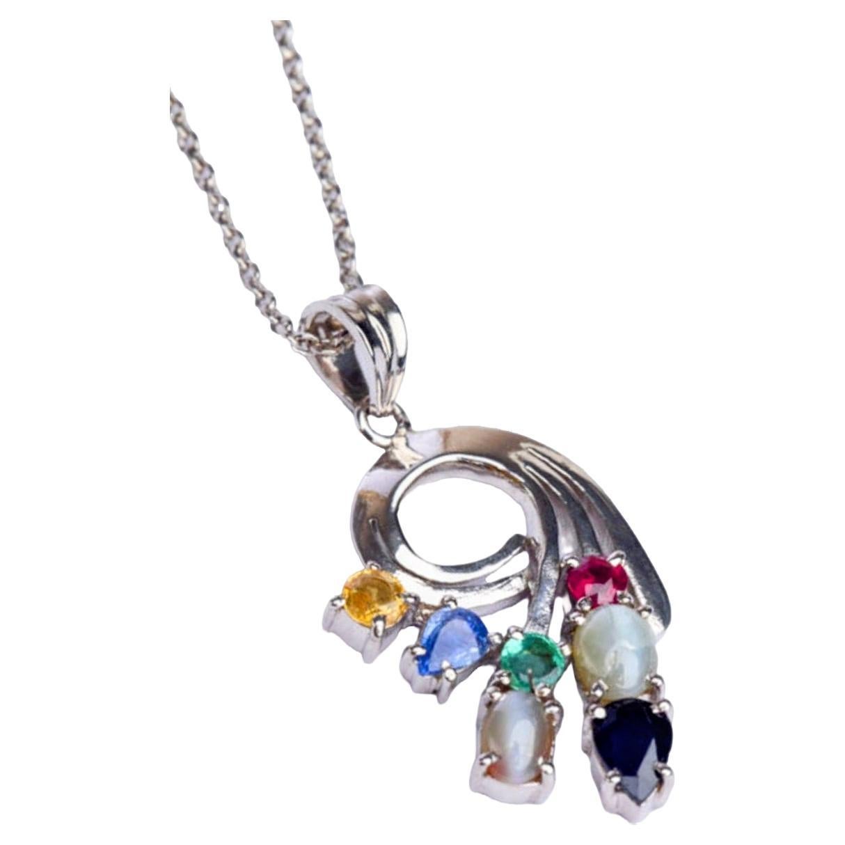  Natural Sapphire Ruby Emerald Catseyes Multigem Necklace Pendant 