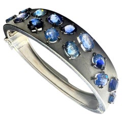 16ctw Natural Blue Sapphire Platinum Silver Bangle