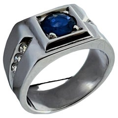 1.5ct  Round Cut Natural Blue Sapphire Signet ring Platinum Sterling Silver